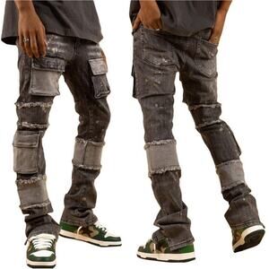 NWOT THRT Jeans Men 34 Grey Acid-Wash Raw-Hem Patchwork Cargo Flap-Pockets Slim